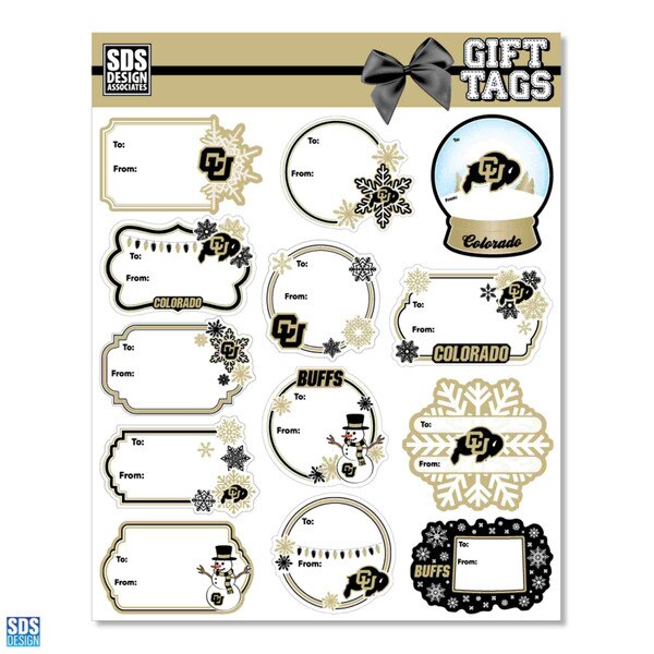 Sheet of University of Colorado holiday gift tags featuring various shapes, snowflakes, snowmen, and the CU Buffaloes logo in black and gold.